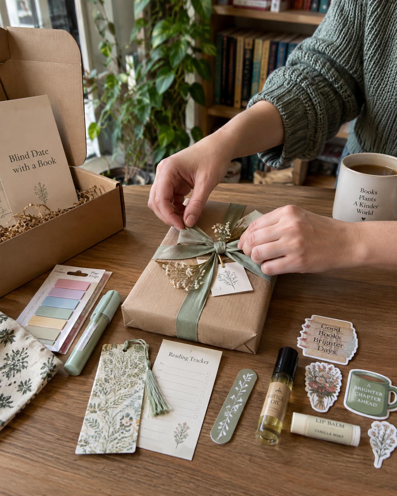 Hands carefully packing a Secret Shelf book bundle