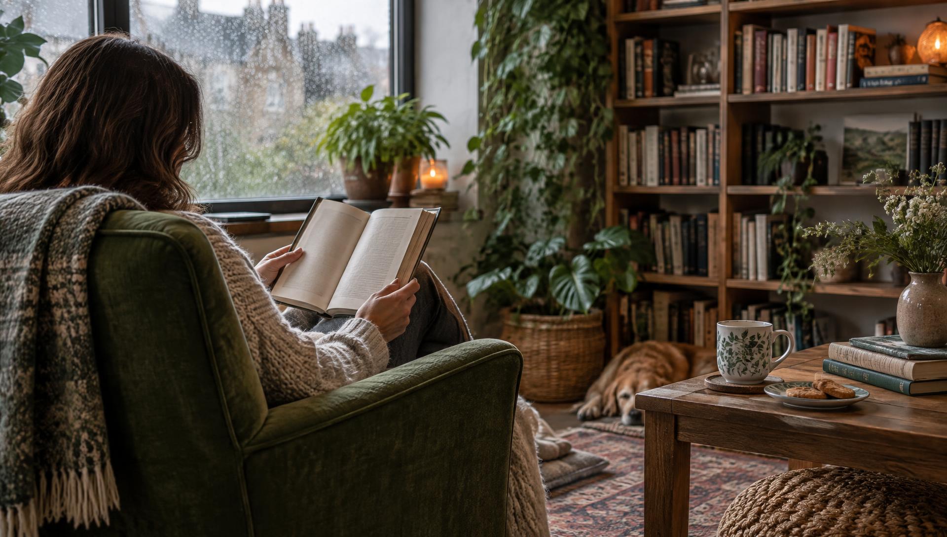 Reader relaxing with a mystery book and warm tea