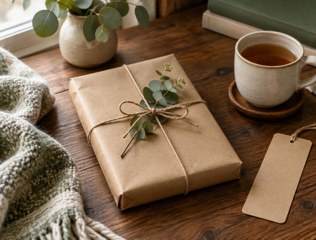 A wrapped mystery bundle beside a cup of tea and a blank bookmark