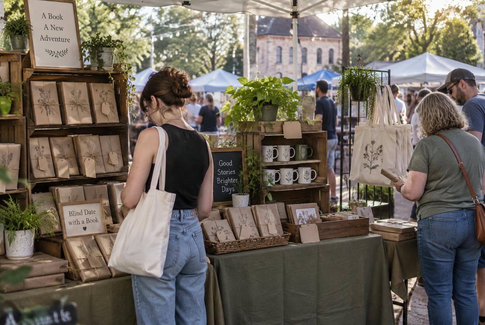 The Secret Shelf pop-up display with wrapped books, mugs and greenery