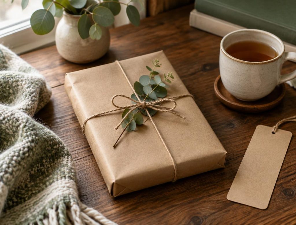 A kraft paper wrapped book bundle with twine, tea and a paper bookmark on a wooden table